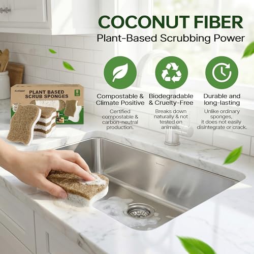 kickleen 9 Pack Kickleen Biodegradable Natural Kitchen Sponges - Compostable Cellulose and Coconut Walnut Scrubber Sponge - Eco Friendly Sustainable Sponges for Dishes (9 Pack) - Image 4