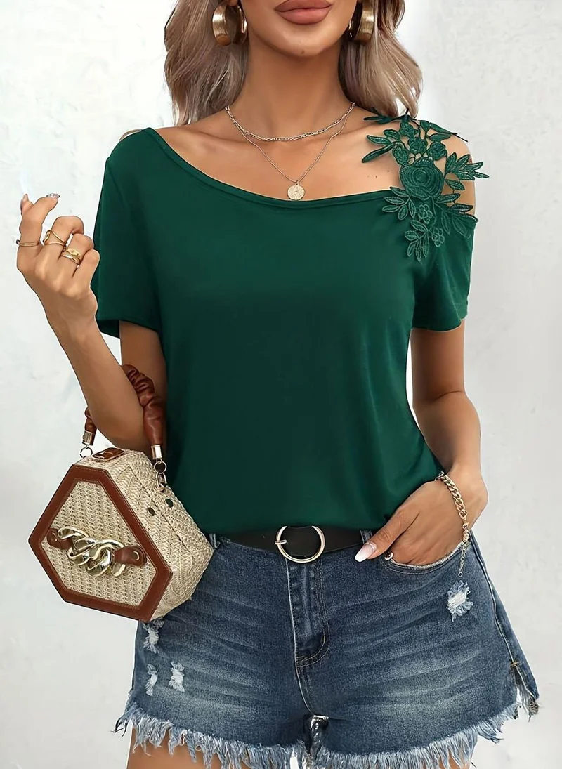 YUNIQEE Green Boat Neck Short Sleeves Solid Top