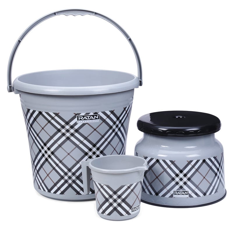 RATAN PLASTICWARE Plastic Bathroom Set of 3 Combo 18L Bucket x 1 1L Mug x 1 Nova Patla Stool 107 x 1 Bath Sets for Home Kitchen Hotels Hostel Hospital Frosty Checks Print Grey - Image 1