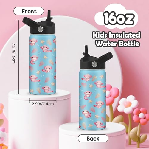 ROVOZAR Axolotl Water Bottle 16oz - Axolotl Stainless Steel Water Bottle with Straw - Cute Axolotls Insulated Cup for Girls Boys - Axolotls Kids Tumbler for School, Sports, Travel - Image 3