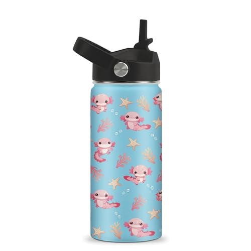 ROVOZAR Axolotl Water Bottle 16oz - Axolotl Stainless Steel Water Bottle with Straw - Cute Axolotls Insulated Cup for Girls Boys - Axolotls Kids Tumbler for School, Sports, Travel - Image 1