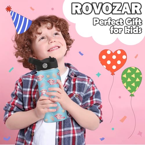 ROVOZAR Axolotl Water Bottle 16oz - Axolotl Stainless Steel Water Bottle with Straw - Cute Axolotls Insulated Cup for Girls Boys - Axolotls Kids Tumbler for School, Sports, Travel - Image 2