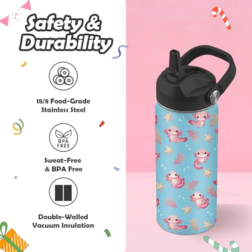 ROVOZAR Axolotl Water Bottle 16oz - Axolotl Stainless Steel Water Bottle with Straw - Cute Axolotls Insulated Cup for Girls Boys - Axolotls Kids Tumbler for School, Sports, Travel - Image 4