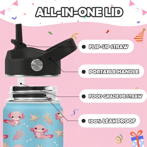 ROVOZAR Axolotl Water Bottle 16oz - Axolotl Stainless Steel Water Bottle with Straw - Cute Axolotls Insulated Cup for Girls Boys - Axolotls Kids Tumbler for School, Sports, Travel - Image 5
