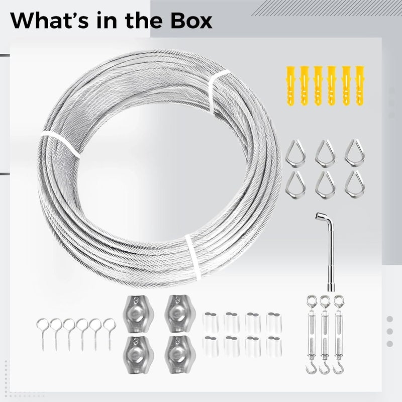 65.6 Ft / 20 M Cable System, 3 Mm PVC Coated Stainless Steel Wire Rope Kit with Mounting Hardware, Turnbuckles, Rope Clamps for String Lights, Clotheslines - Image 2