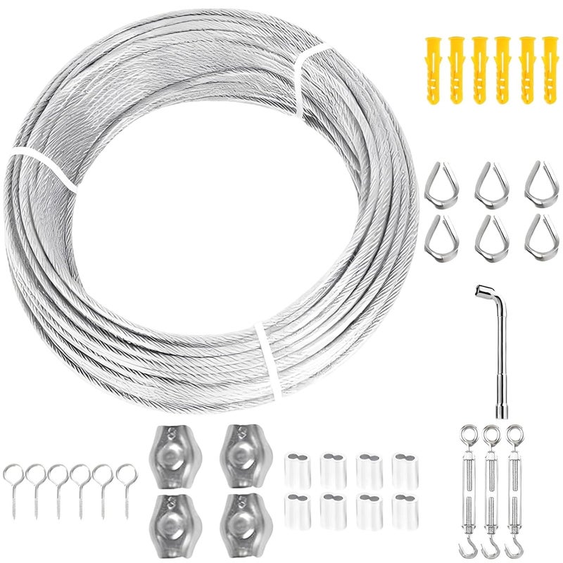 65.6 Ft / 20 M Cable System, 3 Mm PVC Coated Stainless Steel Wire Rope Kit with Mounting Hardware, Turnbuckles, Rope Clamps for String Lights, Clotheslines - Image 1