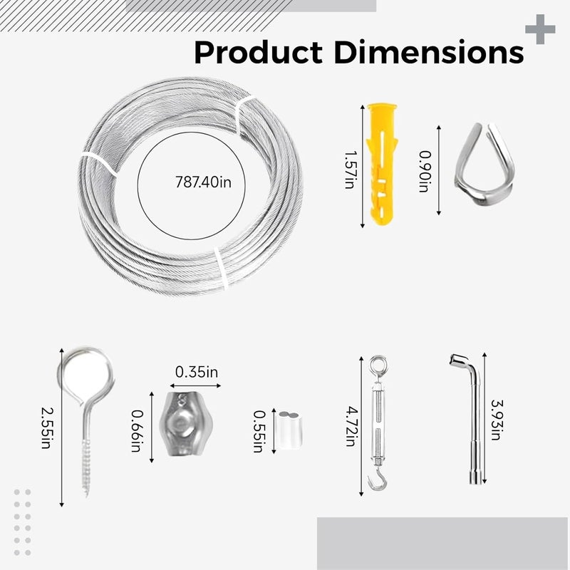 65.6 Ft / 20 M Cable System, 3 Mm PVC Coated Stainless Steel Wire Rope Kit with Mounting Hardware, Turnbuckles, Rope Clamps for String Lights, Clotheslines - Image 3
