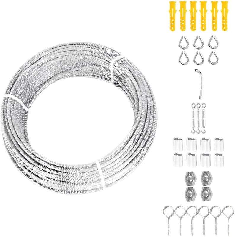 65.6 Ft / 20 M Cable System, 3 Mm PVC Coated Stainless Steel Wire Rope Kit with Mounting Hardware, Turnbuckles, Rope Clamps for String Lights, Clotheslines - Image 4