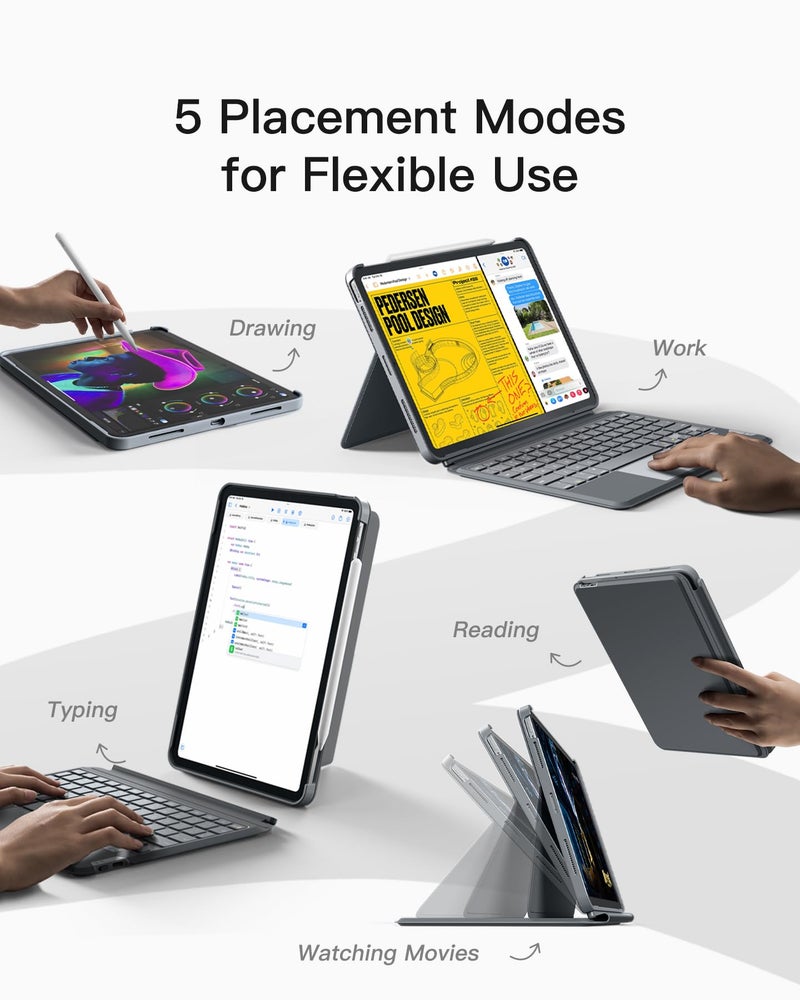 Inateck iPad Pro 11 Inch Case With Bluetooth Keyboard Compatible With iPad Air 5/4 10.9 Inch, Vertical, Detachable With 7-Color Backlight and Touchpad, KB04111, Gray - Image 4