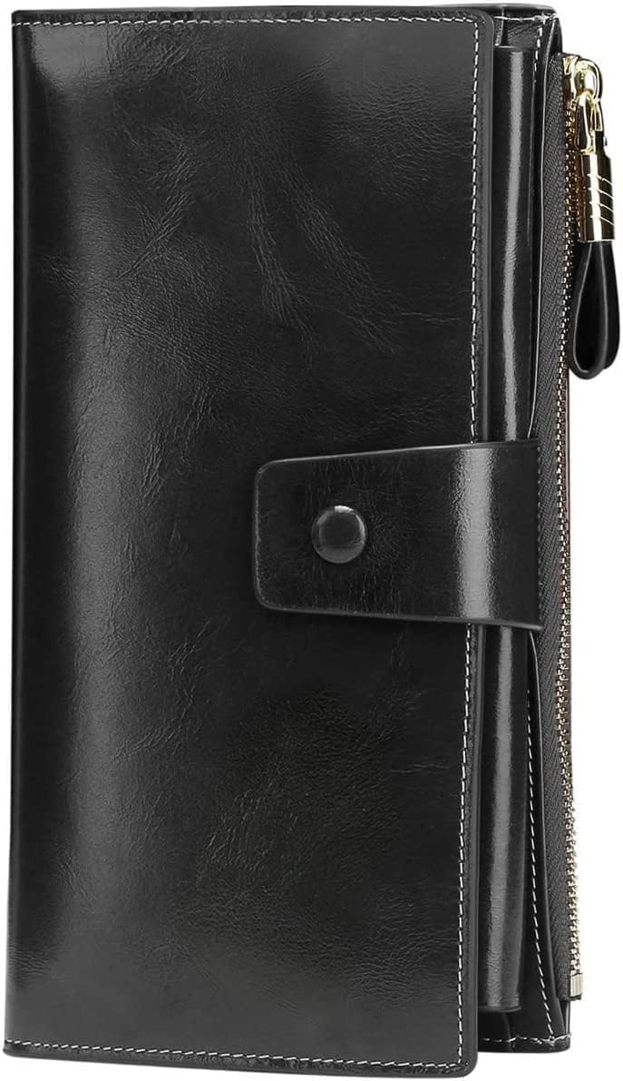 ITSLIFE Womens Wallet RFID Blocking Large Capacity Luxury Wax Genuine Leather Wallets Clutch Wallet Ladies Card holder, Black - Image 1