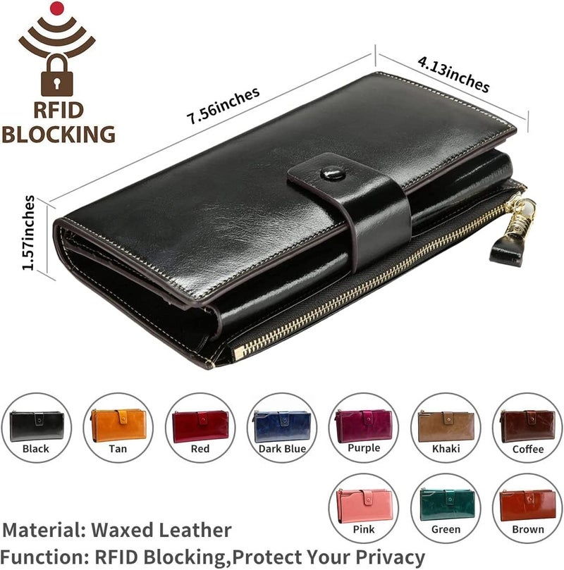 ITSLIFE Womens Wallet RFID Blocking Large Capacity Luxury Wax Genuine Leather Wallets Clutch Wallet Ladies Card holder, Black - Image 5