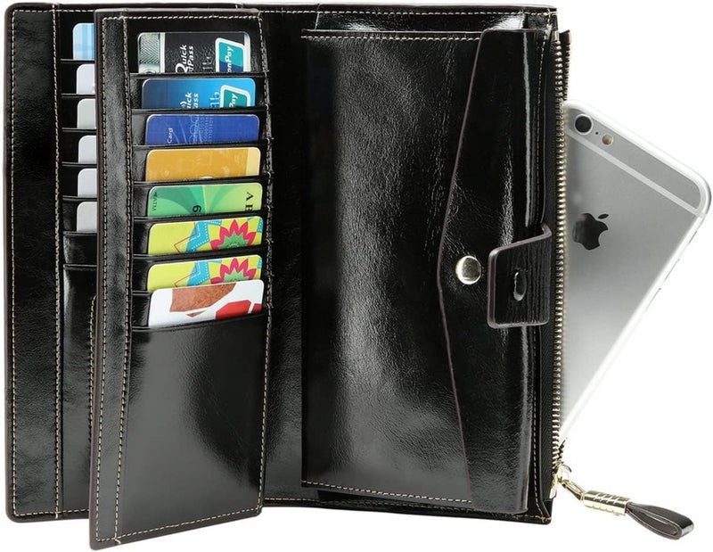 ITSLIFE Womens Wallet RFID Blocking Large Capacity Luxury Wax Genuine Leather Wallets Clutch Wallet Ladies Card holder, Black - Image 3