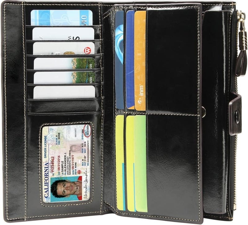 ITSLIFE Womens Wallet RFID Blocking Large Capacity Luxury Wax Genuine Leather Wallets Clutch Wallet Ladies Card holder, Black - Image 2