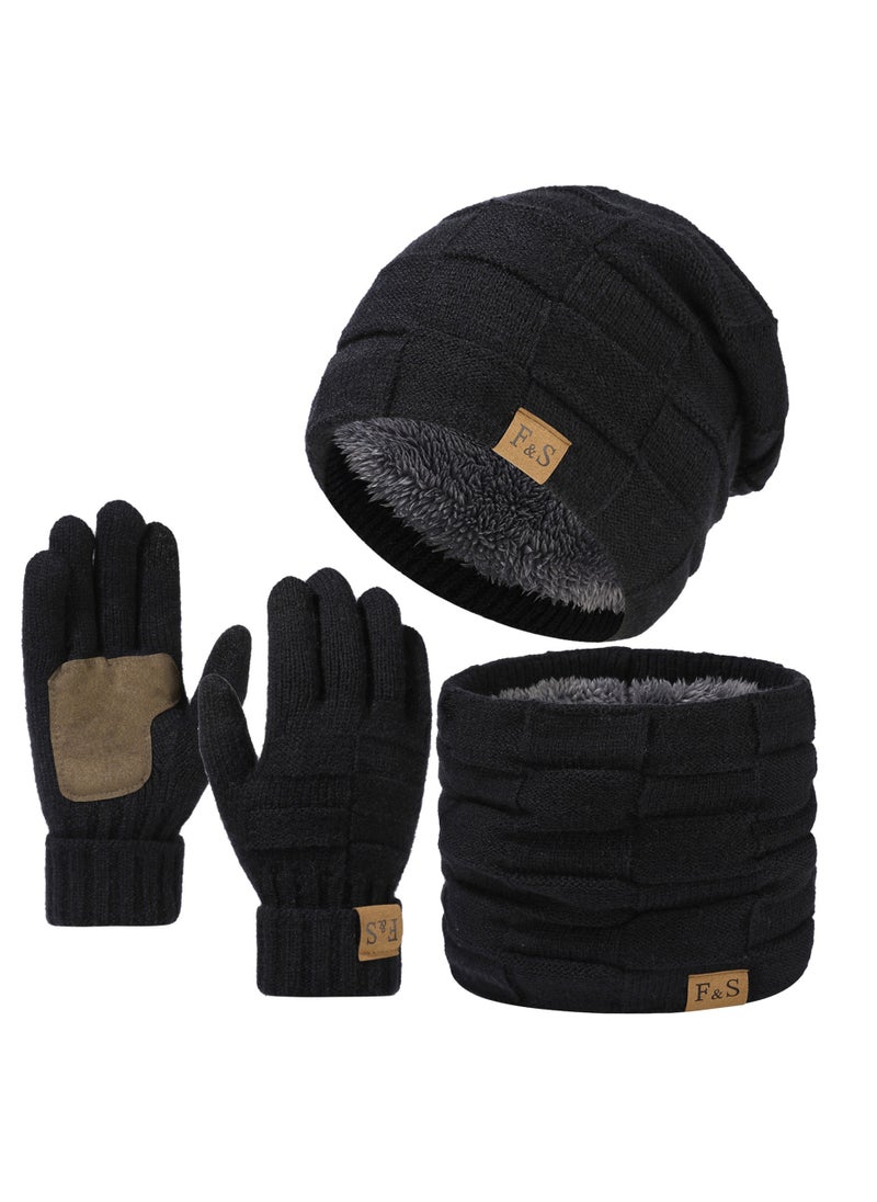 General Women Mens Hat Scarf and Gloves Set Winter Fleece Lined Beanie Cap Neck Warmer Scarf Touch Screen Gloves Set  - Image 1