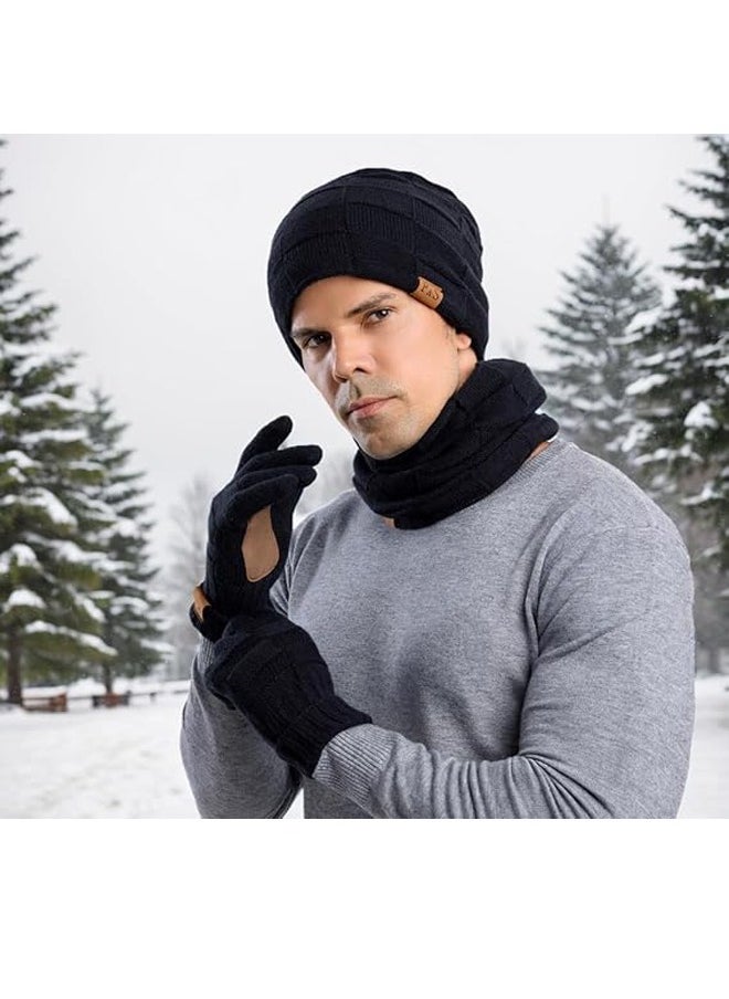 General Women Mens Hat Scarf and Gloves Set Winter Fleece Lined Beanie Cap Neck Warmer Scarf Touch Screen Gloves Set  - Image 5