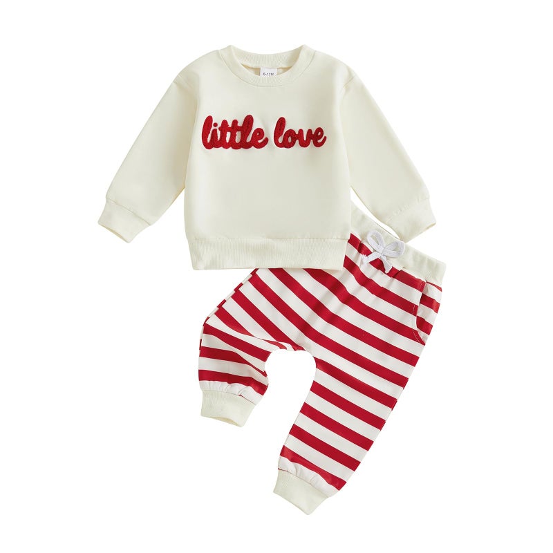 Socutebabe Baby Boy Valentines Day Outfit Winter Clothes Little Love Long Sleeve Sweatshirts Pants Toddler Infant Clothing (Beige, 2-3T) - Image 1