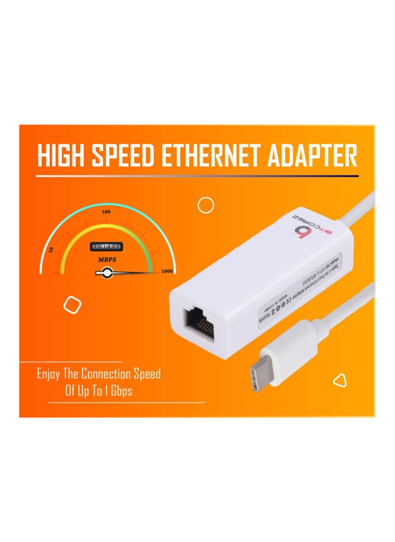 Bitcorez - USB Type C to RJ45 Network LAN Adapter Up to 10/100/1000 Mbps - Image 1