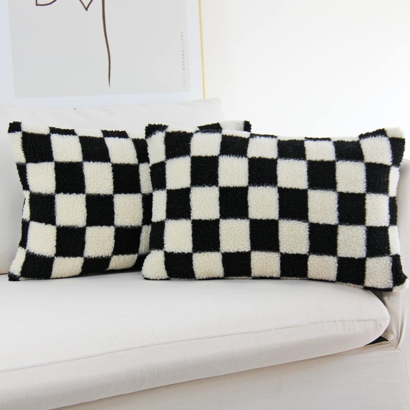 JOJUSIS Decorative Lumbar Throw Pillow Covers Luxury Style Checkerboard Pattern Cushion Case Super Soft Faux Fur Wool Pillowcases for Couch Bedroom Pack of 2 Black 12 x 20Inch