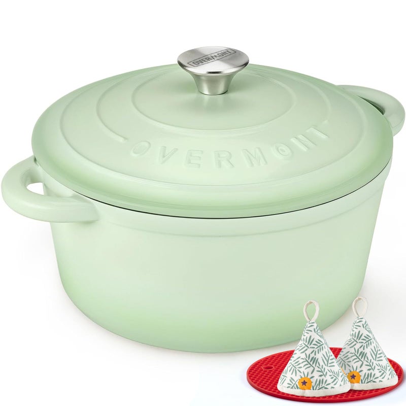 Overmont فرن هولندي من أوفيمونت مصنوع من الحديد الزهر المينا - وعاء سعة 5.5QT مع غطاء وكتاب طبخ وقفازات قطنية - أدوات طهي ثقيلة لتحضير الأطعمة المطبوخة ببطء، الحساء، الشواء، وخبز الخبز الأخضر - Image 1