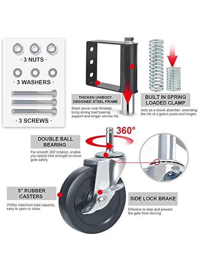 Arabest Gate Wheels for Wooden and Metal Tube Swing Fence, Spring Loaded Caster With Brake, Heavy Duty Outdoor Farm Vinyl Rollers, 250 Lbs, 5 Inches, Black  - Image 3