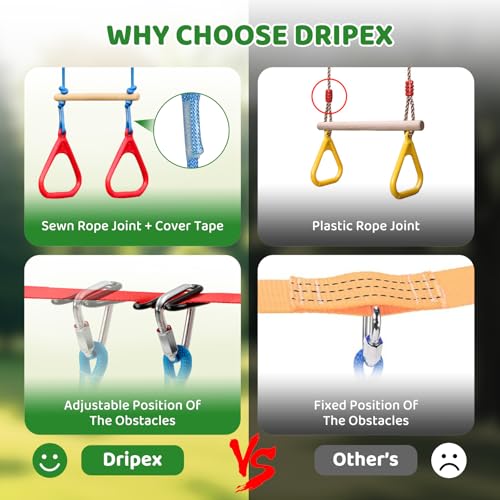 Dripex Ninja Warrior Obstacle Course for Kids Backyard - 2×50ft Slackline Kit with 10 Most Complete Accessories for Boys & Girls, Swing, Rope Ladder, Gymnastic Ring, Climbing Net, Arm Trainer and Monkey Fist - Image 5
