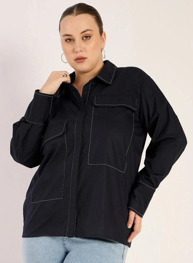 Femmella Femmella Plus Size Contrast Stitch Detail Regular Fit Shirt