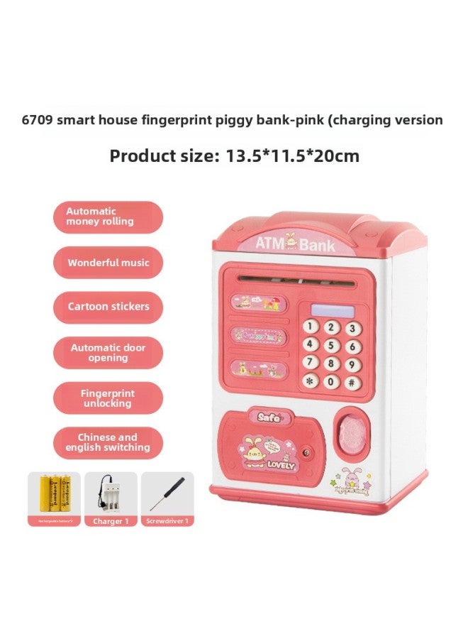 Children's Simulation Password Fingerprint Induction Unlocking Piggy Bank Electric Sound And Light Automatic Money Rolling Safe Toy-Color:Cartoon Fingerprint Unlock Piggy Bank [pink]-rechargeable Battery Version - Image 1