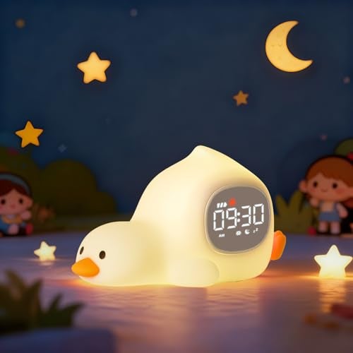 Aokpsrt Laying Duck Alarm Clock with Night Light for Kids with Sleep Training and Sound Machine Rechargeable Silicone Lamp OK to Wake ClockCute Animal Tabletop Lamp Perfect Sleep Companion for Boys Girls - Image 1