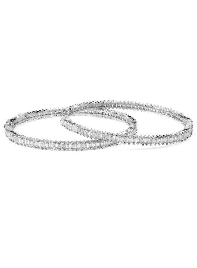 Rubans Womens Silver Plated Set of 2 Zirconia Studded Bangles - Image 1