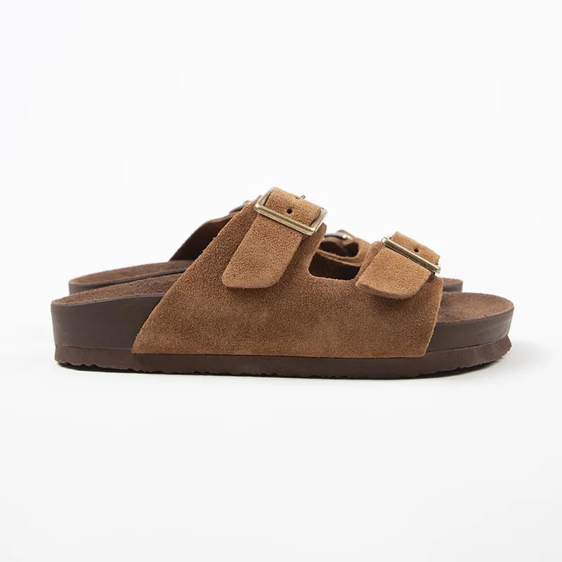 Manijero Manijero Anlelic Women's Genuine Leather Double Buckle Tan Slippers