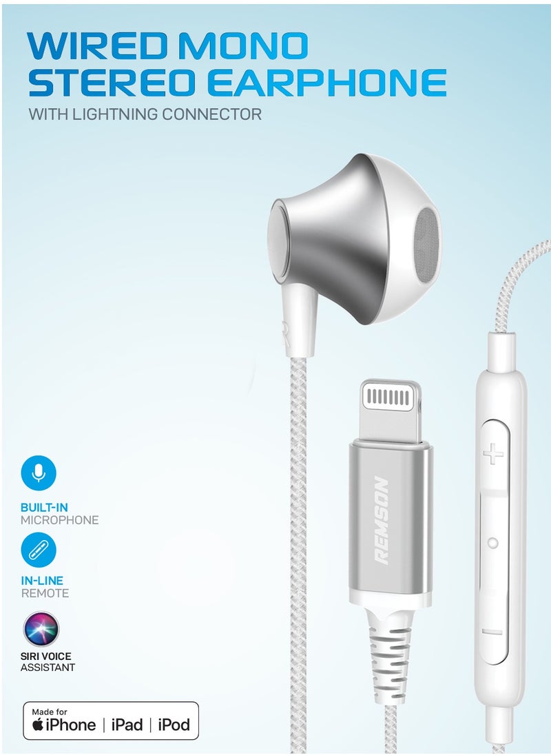 Remson - [Apple MFi Certified] Remson Wired Mono Stereo Earphone MFi Lightning Connector Headphone/Earphone/Earbud Hi-Fi with In-Line Remote Compatible for iPhone 14 13 12 11 Pro Max iPhone XS Max – White - Image 1