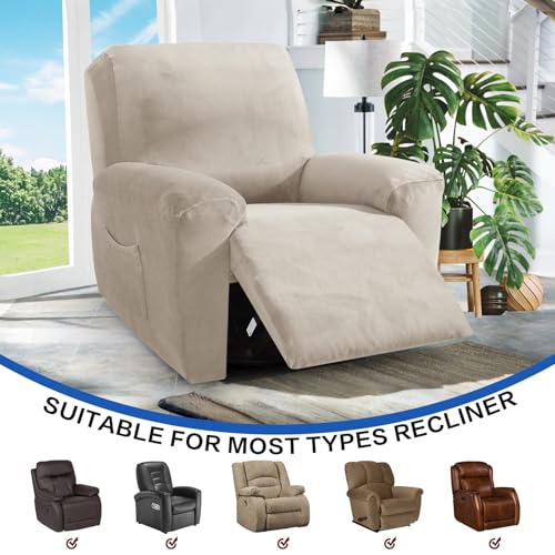 MAXIJIN Velvet 4 Piece Recliner Cover Stretch Plush Soft Recliner Chair Covers Thick Soft Reclining Chair Slipcovers Furniture Protector with Side Pocket for Kids, Pets (Khaki) - Image 2