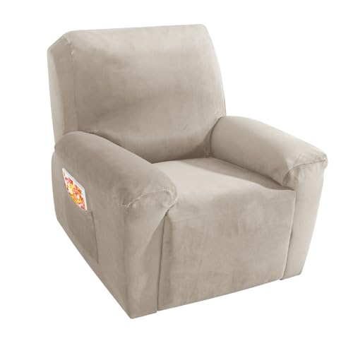 MAXIJIN Velvet 4 Piece Recliner Cover Stretch Plush Soft Recliner Chair Covers Thick Soft Reclining Chair Slipcovers Furniture Protector with Side Pocket for Kids, Pets (Khaki) - Image 1
