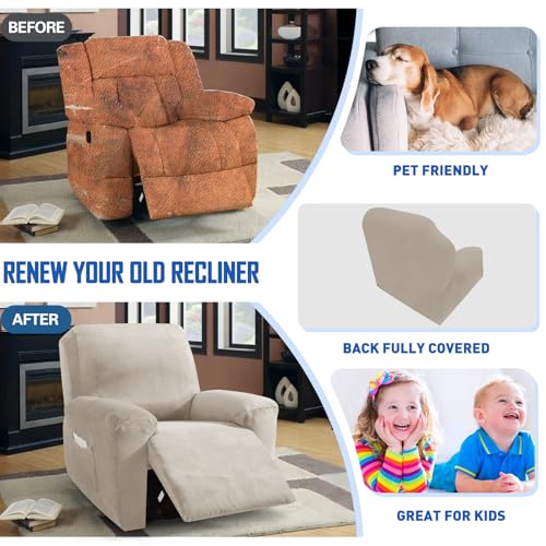 MAXIJIN Velvet 4 Piece Recliner Cover Stretch Plush Soft Recliner Chair Covers Thick Soft Reclining Chair Slipcovers Furniture Protector with Side Pocket for Kids, Pets (Khaki) - Image 5