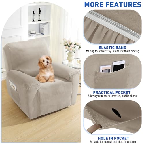 MAXIJIN Velvet 4 Piece Recliner Cover Stretch Plush Soft Recliner Chair Covers Thick Soft Reclining Chair Slipcovers Furniture Protector with Side Pocket for Kids, Pets (Khaki) - Image 4