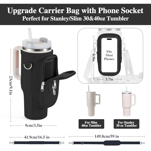 linmaya Water Bottle Carrier Bag with Phone Pocket for Stanley Cup 40/30oz,Insulated Neoprene Water Bottle Holder Cross-boday Bag with Adjustable Shoulder & Handheld Strap Stanley Cup Accessories - Image 3