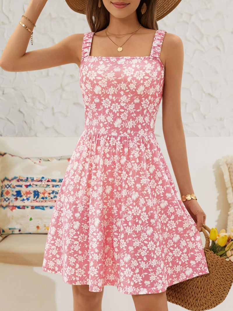 HUHOT Vacation Dresses for Women Cute Vacation Flowy Floral Sleeveless Square Neck Pink Dress with Pockets - Image 4