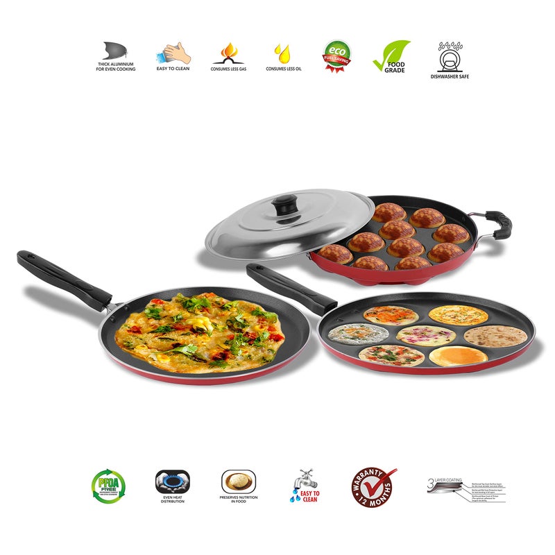 Sumeet 2.6mm Thick Non-Stick Auburn Combo set (Dosa Tawa - 26.5cm Dia + Multi snack maker - 26.5cm Dia + Grill Appam Patra with Lid - 23cm Dia) - Image 2