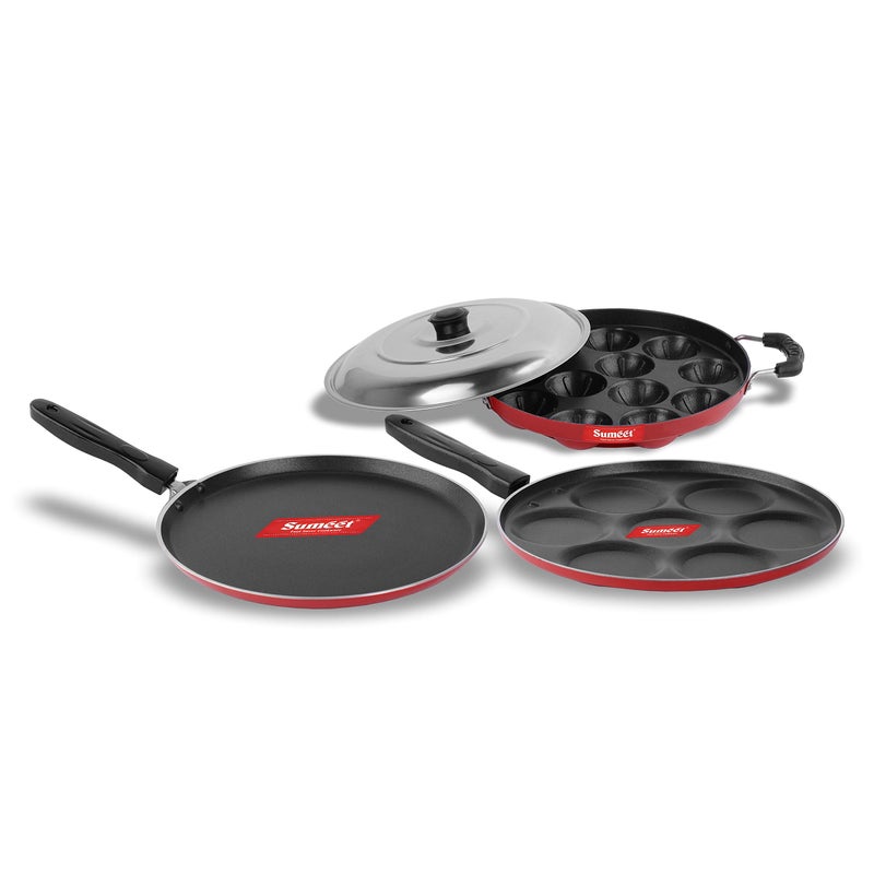 Sumeet 2.6mm Thick Non-Stick Auburn Combo set (Dosa Tawa - 26.5cm Dia + Multi snack maker - 26.5cm Dia + Grill Appam Patra with Lid - 23cm Dia) - Image 5