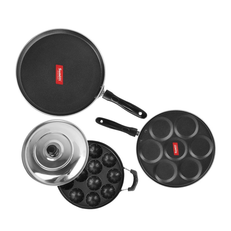 Sumeet 2.6mm Thick Non-Stick Auburn Combo set (Dosa Tawa - 26.5cm Dia + Multi snack maker - 26.5cm Dia + Grill Appam Patra with Lid - 23cm Dia) - Image 1