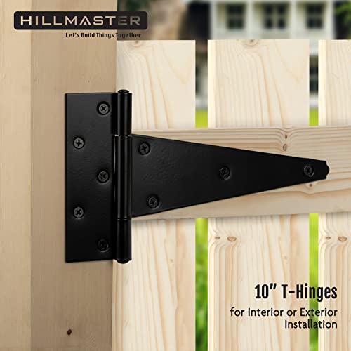 HILLMASTER 10 Inch T-Strap Heavy Duty Shed Door Hinges Gate Strap Hinges Black Tee Hinge Wrought Hardware for Wooden Fences,Yard,Barn Door,Rustproof (2 Pack) - Image 4