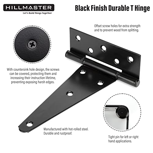 HILLMASTER 10 Inch T-Strap Heavy Duty Shed Door Hinges Gate Strap Hinges Black Tee Hinge Wrought Hardware for Wooden Fences,Yard,Barn Door,Rustproof (2 Pack) - Image 3