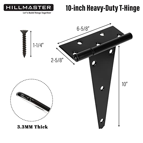 HILLMASTER 10 Inch T-Strap Heavy Duty Shed Door Hinges Gate Strap Hinges Black Tee Hinge Wrought Hardware for Wooden Fences,Yard,Barn Door,Rustproof (2 Pack) - Image 2