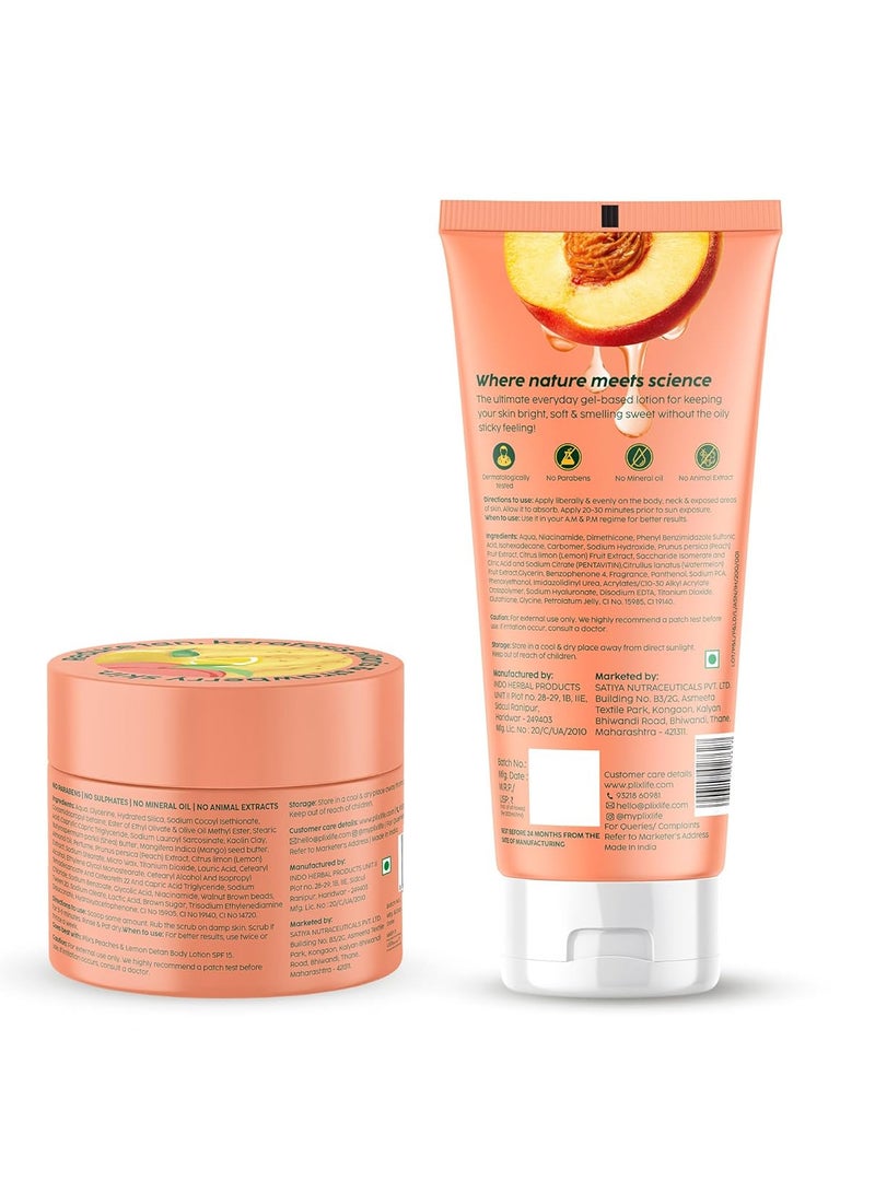 PLIX THE PLANT FIX Peaches & Lemon Detan Bump Eraser Scrub (200g) & Detan Body Lotion SPF 15 (200ml) Removes Tan & Restores Skin’s Moisture, Reduces Dark Spots, Uneven Skin Tone - Image 2
