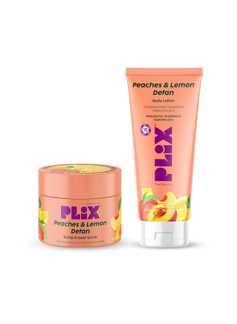 PLIX THE PLANT FIX Peaches & Lemon Detan Bump Eraser Scrub (200g) & Detan Body Lotion SPF 15 (200ml) Removes Tan & Restores Skin’s Moisture, Reduces Dark Spots, Uneven Skin Tone - Image 1