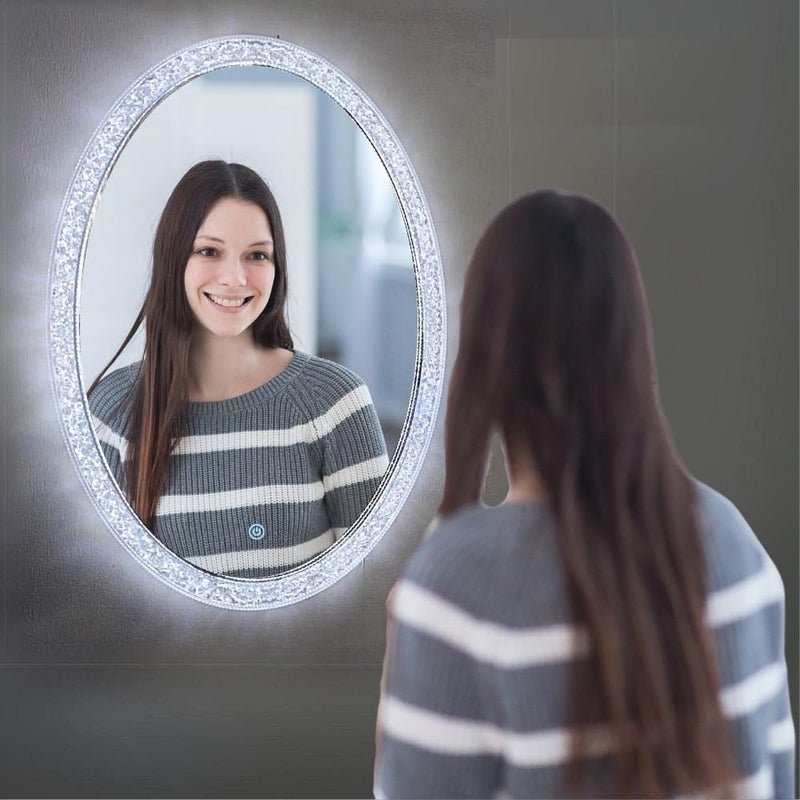 CIPLA PLAST Crystal Oval Decorative Designer Mirror Frame with LED Light for Wall Mounted 19X27 Inch
