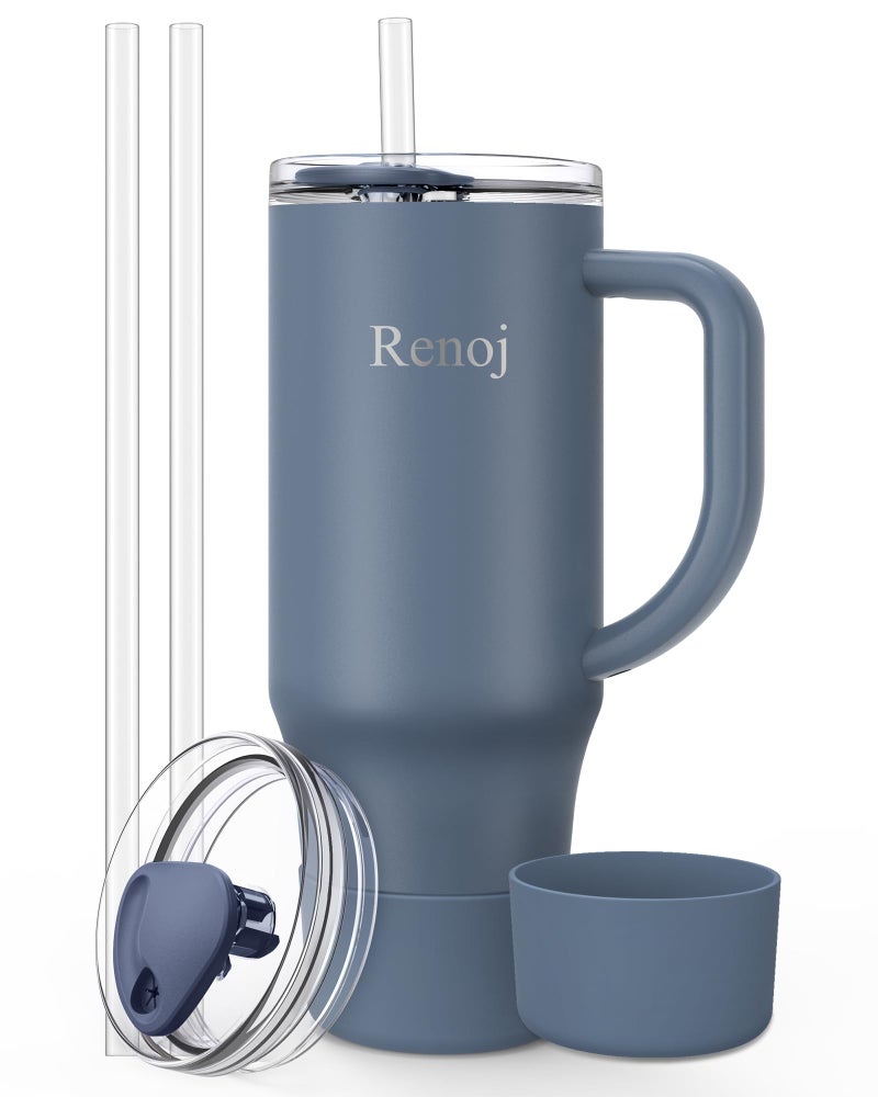 Renoj Insulated Mug 100% Spill Resistant Insulated Water Bottle for Iced Coffee & Hot Drinks - Fits Car Cup Holder, Ideal Gift, 2 Straws & Silicone Boot - FlexSlide Navy Blue 40 oz - Image 1
