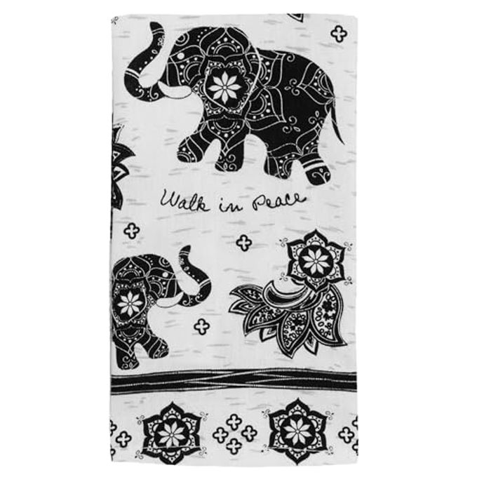 Karma Gifts Black And White Boho Tea Towel, Cotton, Elephant 18" x 22" - Image 1