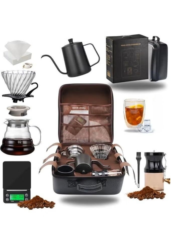 V60 Coffee Maker Kit, Portable with Coffee Scale, Hand Grinder, Dripper, Server, and Kettle, Glass, Black  - Image 1