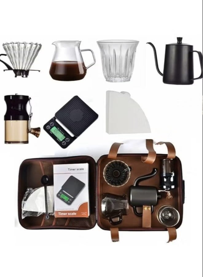 V60 Coffee Maker Kit, Portable with Coffee Scale, Hand Grinder, Dripper, Server, and Kettle, Glass, Black  - Image 2